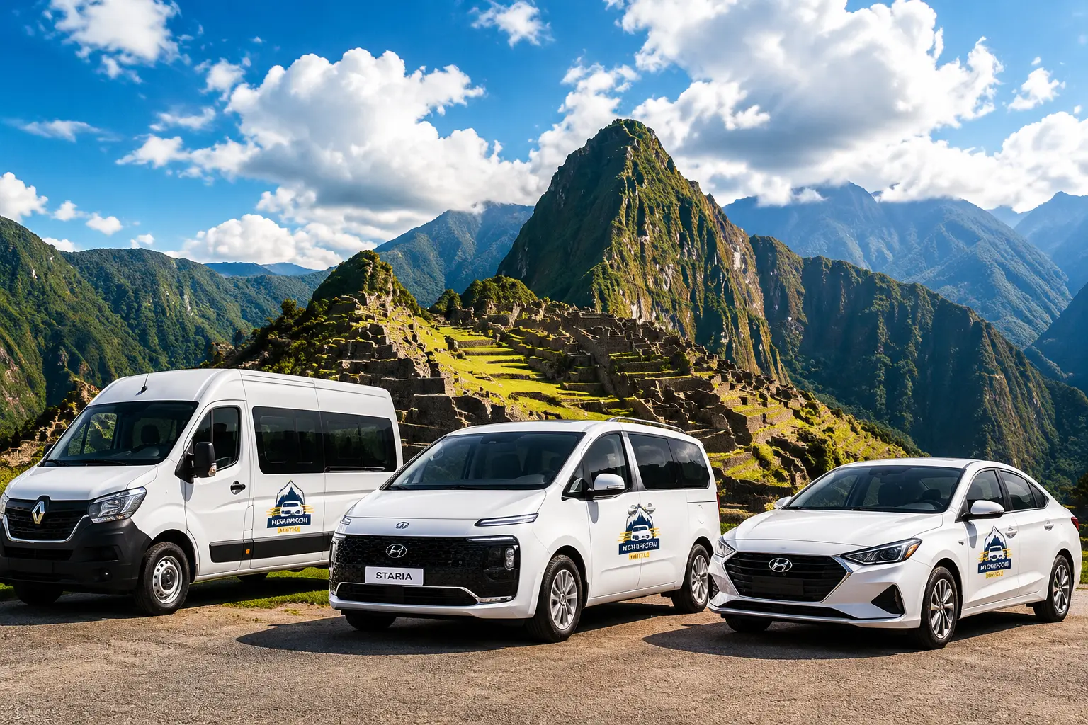 Private vehicle fleet: sedan, minivan, and Sprinter van with Machu Picchu in the background
