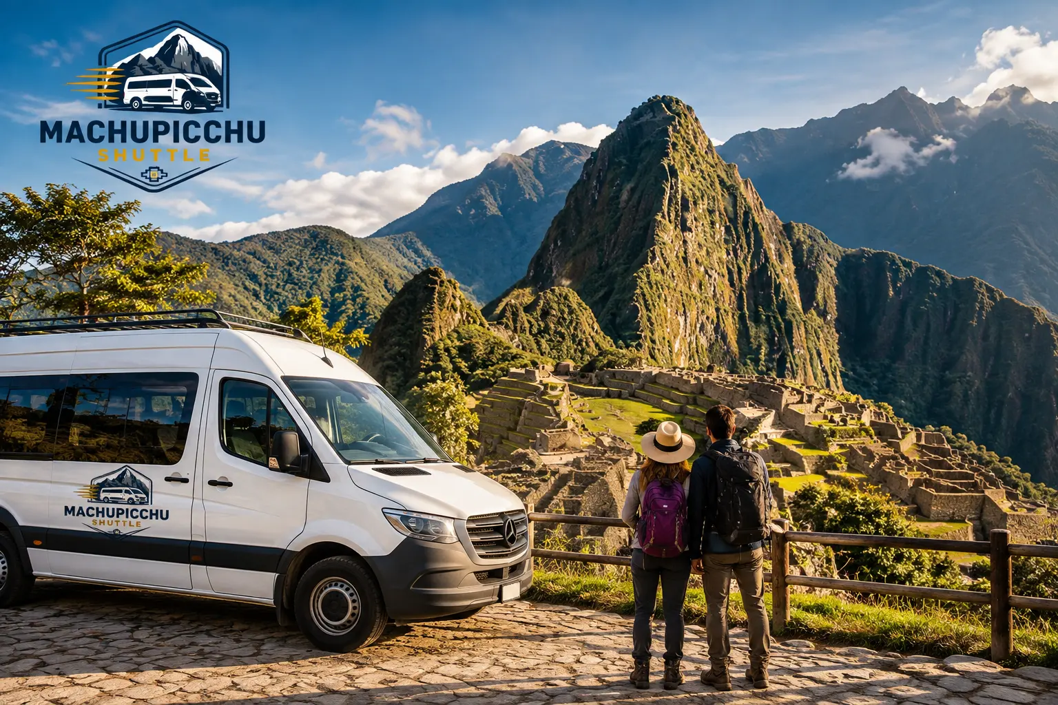 Travelers admiring Machu Picchu next to a Machupicchu Shuttle Sprinter van